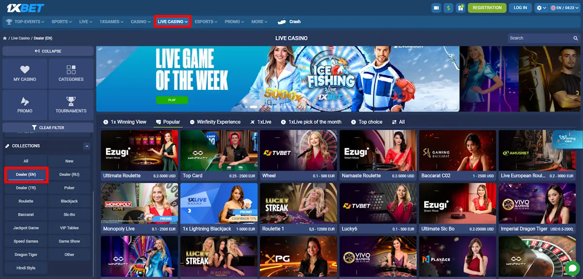 Live dealer games on 1xBet Screenshot